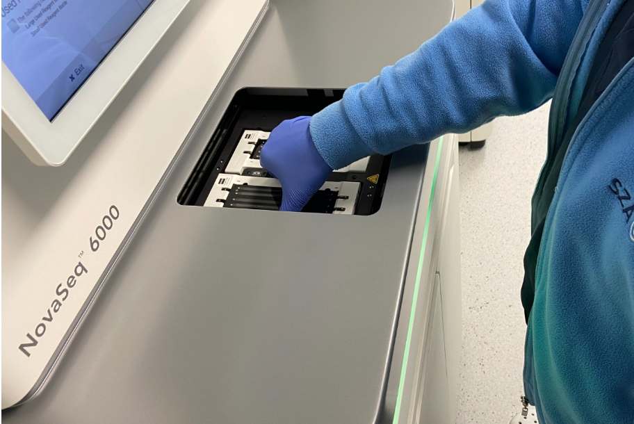 Lab technician wearing blue gloves operating a NovaSeq 6000 genetic sequencing machine in a laboratory setting