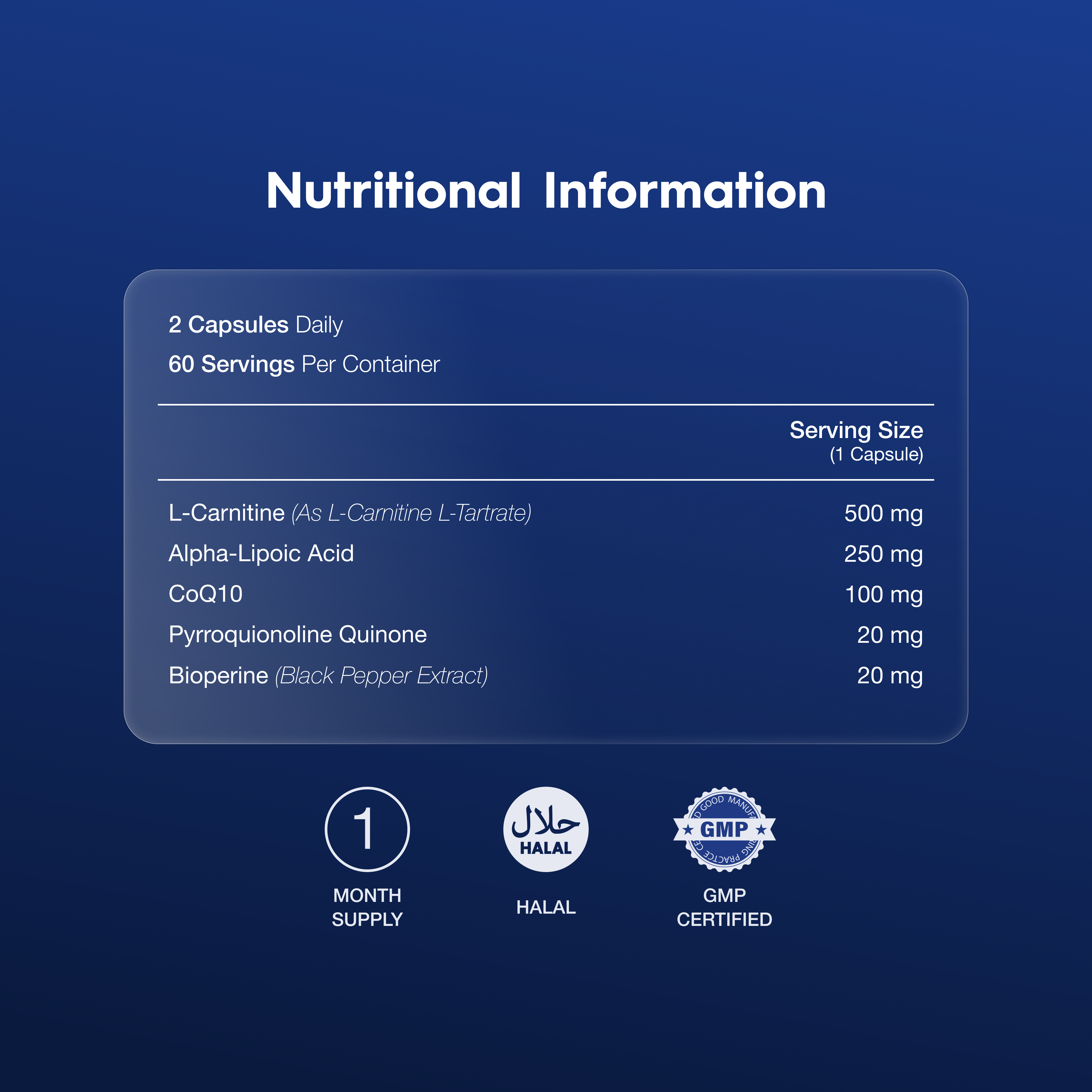 Nutritional information of carnitine performance supplement