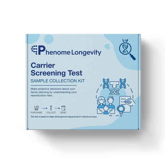 Phenome Longevity Carrier Screening Test sample collection kit on a white background