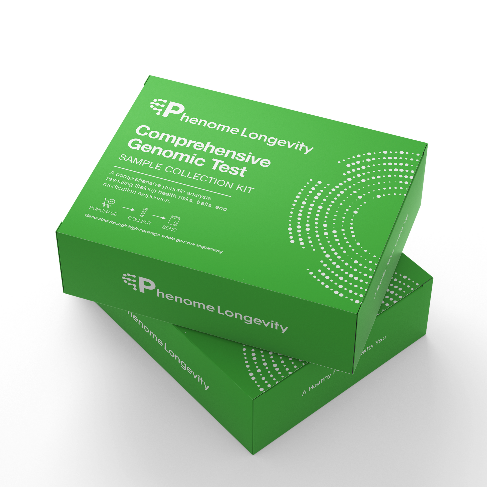 Phenome Longevity genomic test sample collection kits on a white background