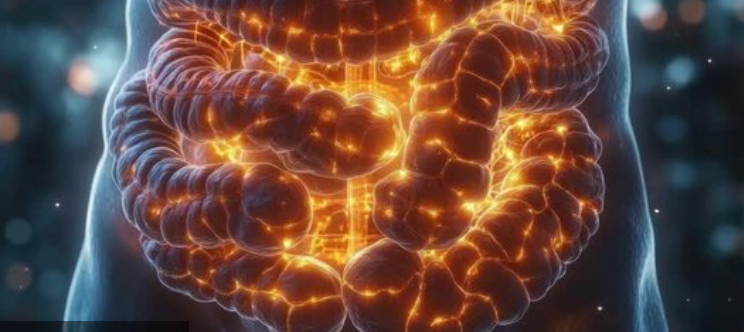 Close-up illustration of a glowing human intestine, representing healthy gut movement and optimal digestive function