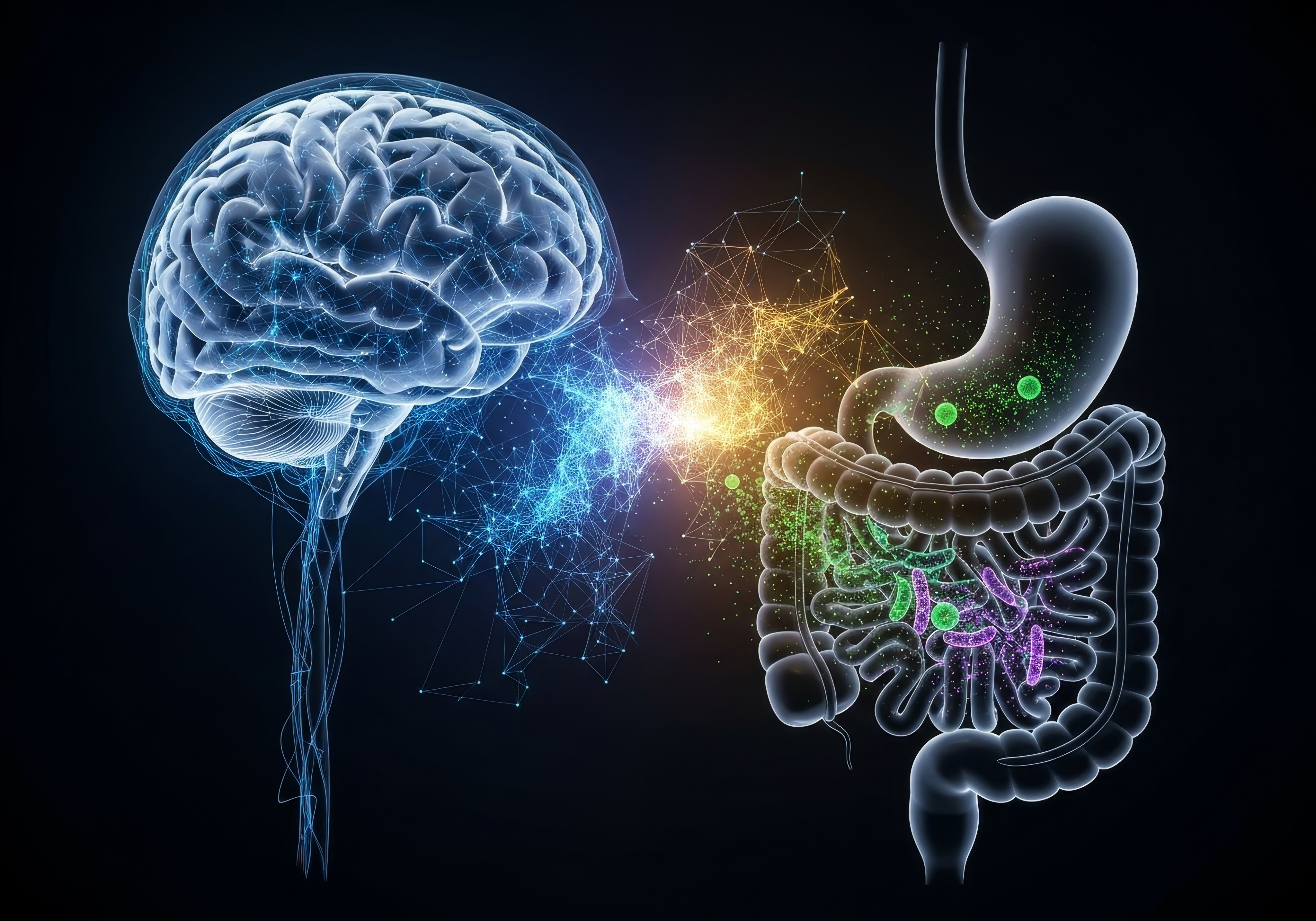 Diagram of the gut and brain linked by the vagus nerve, highlighting two-way communication
