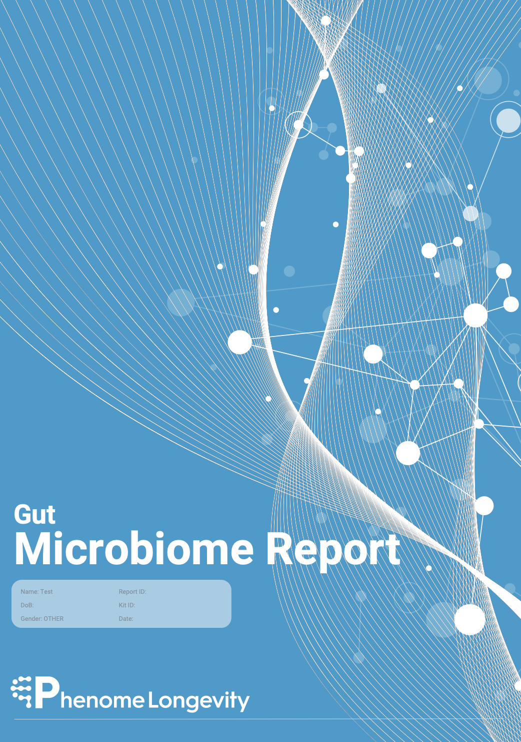 Gut Microbiome Report cover with DNA double helix design on a blue background, featuring Phenome Longevity logo.