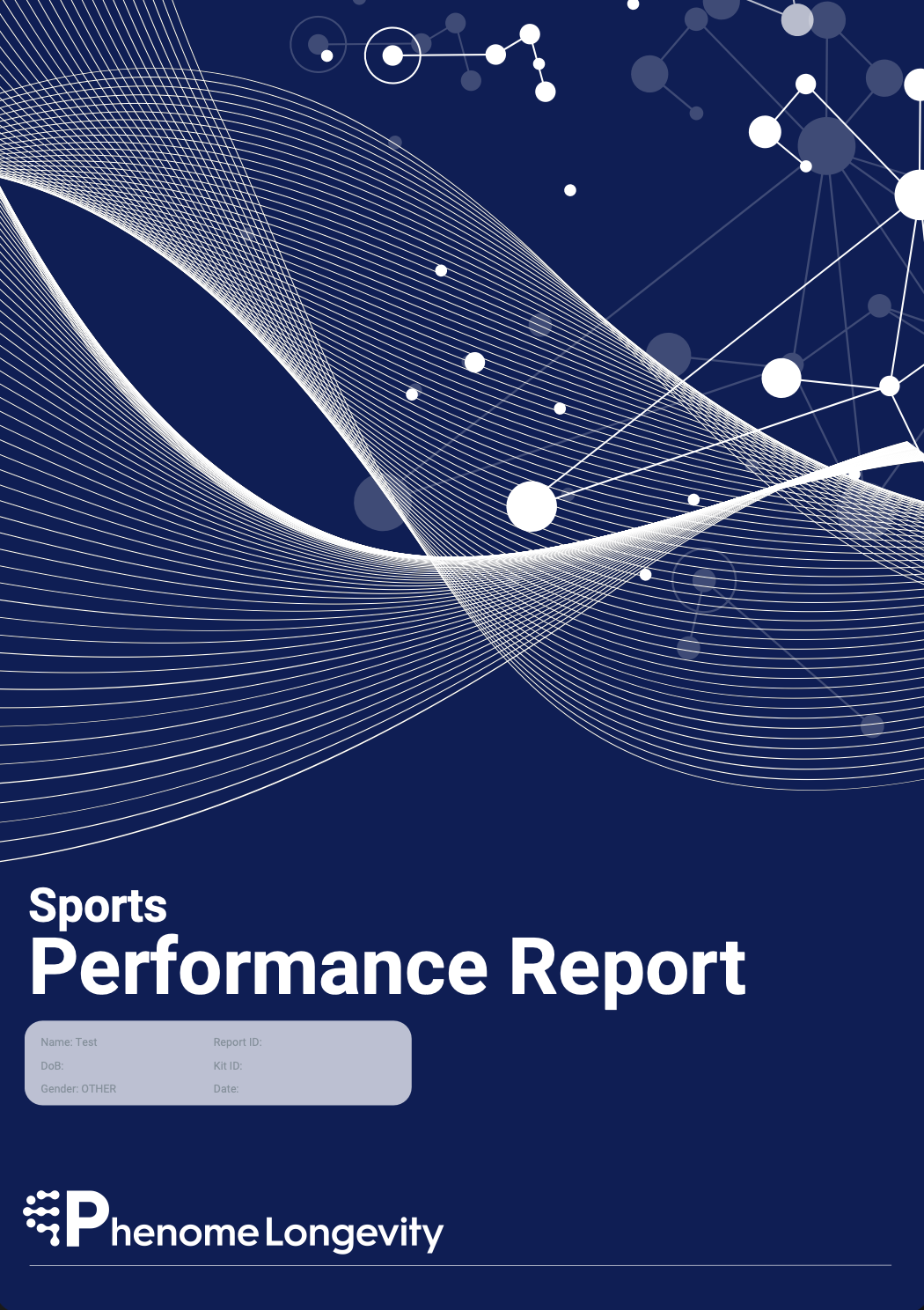 Sports Performance Report cover with abstract design and Phenome Longevity logo