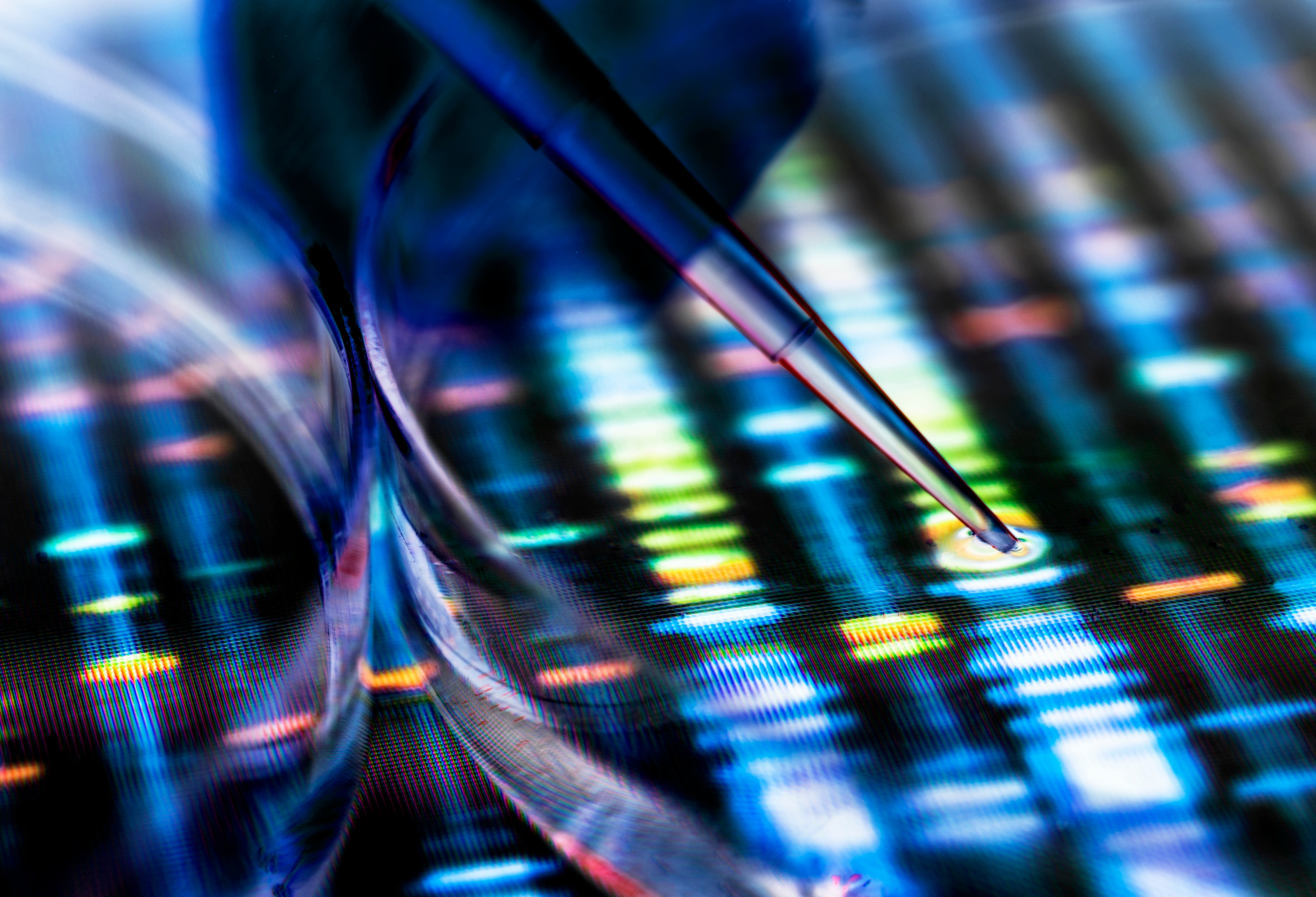 Abstract DNA sequencing illustration with a petri dish and dropper above glowing light patterns.