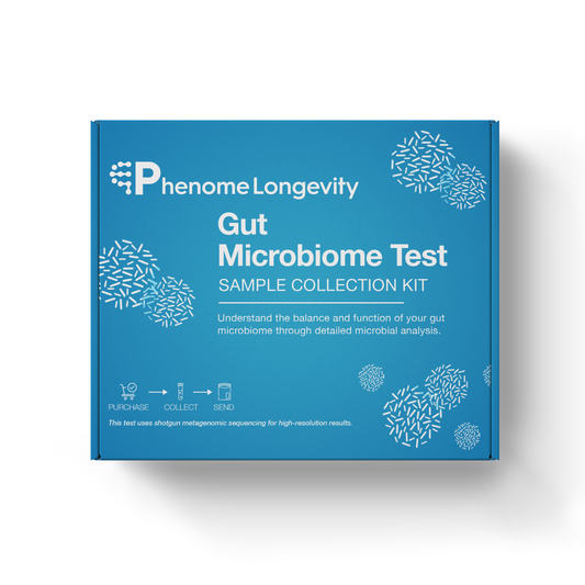 Phenome Longevity Gut Microbiome Test sample collection kit on a white background