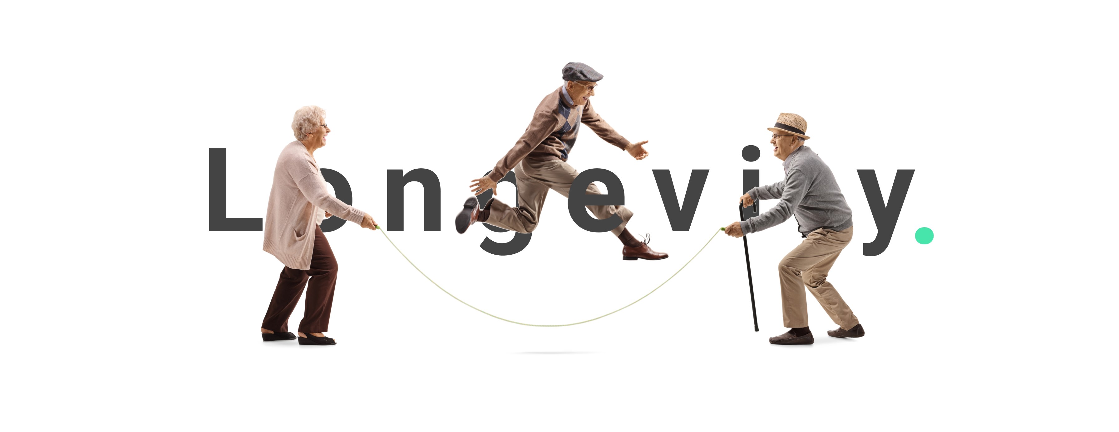 ongevity text displayed behind three elderly playing jump rope together representing young and longevity