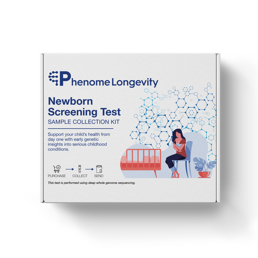 Phenome Longevity Newborn Screening Test sample collection kit on a white background