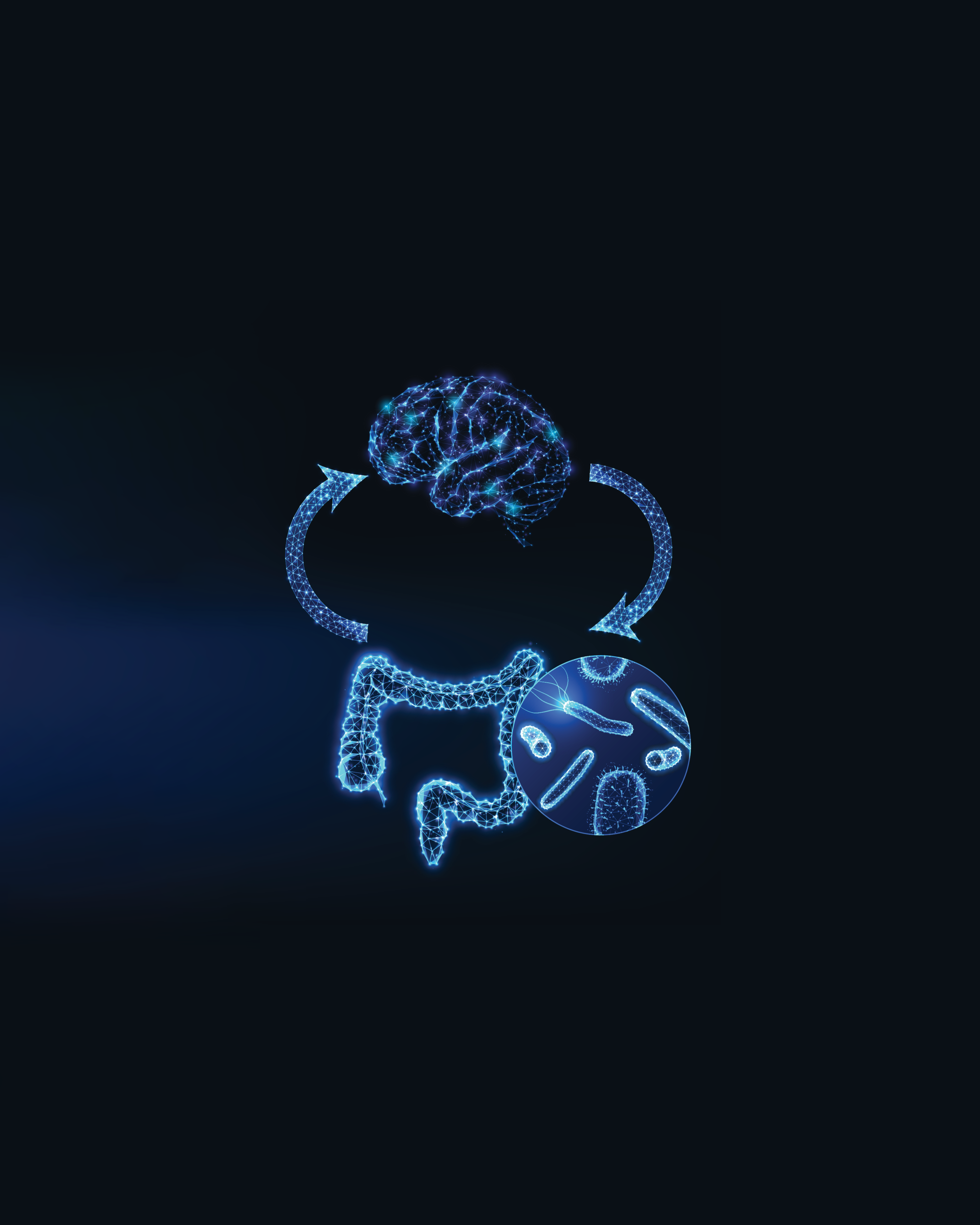 Neuron-style illustration of a brain, intestines, and gut bacteria on a dark background