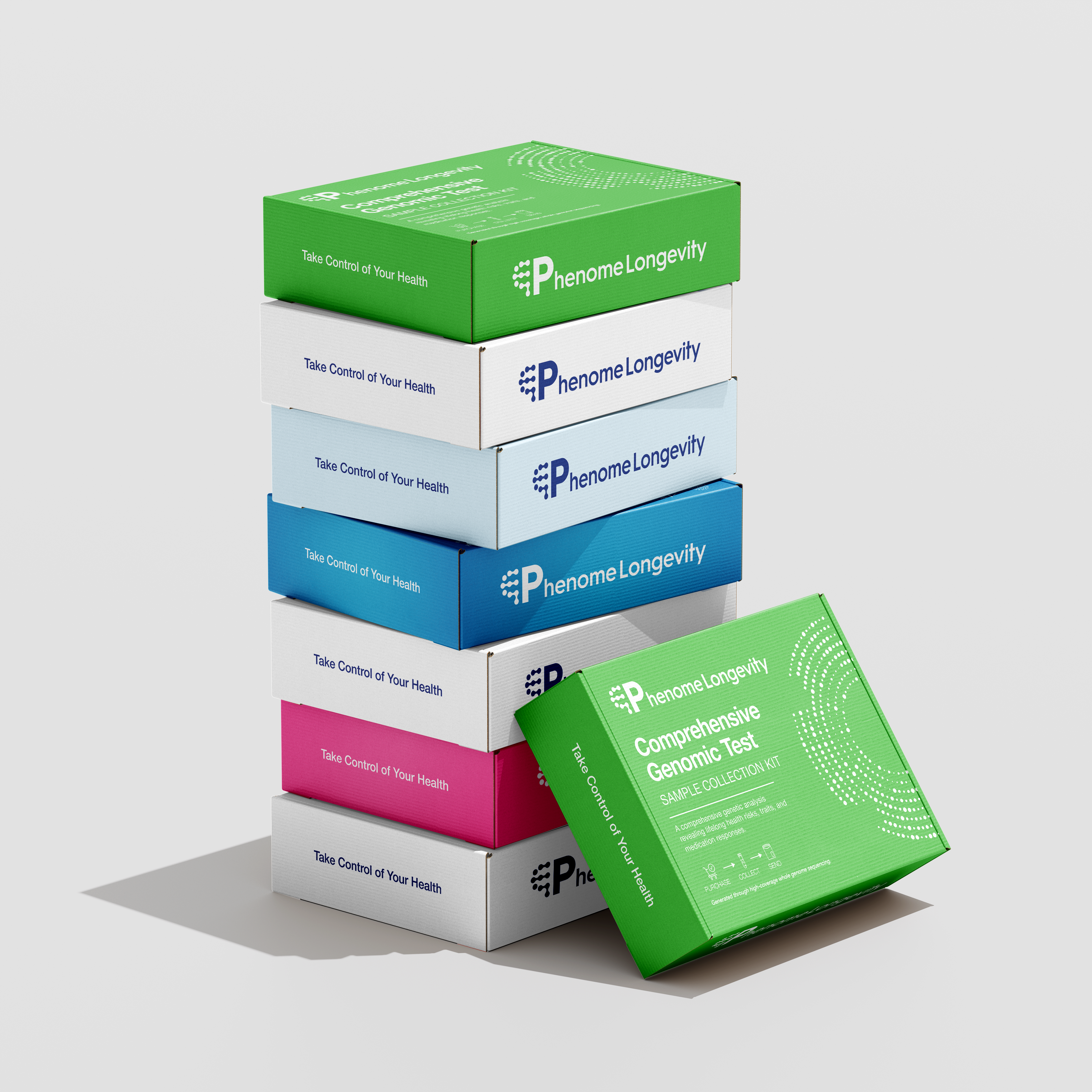 Product image of all Phenome Longevity Test Kit. Comprehensive Genomic Test, Carrier Screening Test, Newborn Screening Test, Gut Microbiome Test, Oral Microbiome Test, Vaginal Microbiome Test, Sports Performance Test