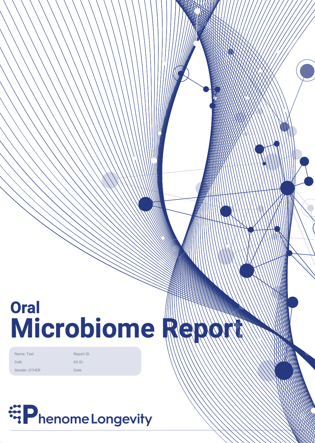 Cover of an Oral Microbiome Report from Phenome Longevity with blue and white design.