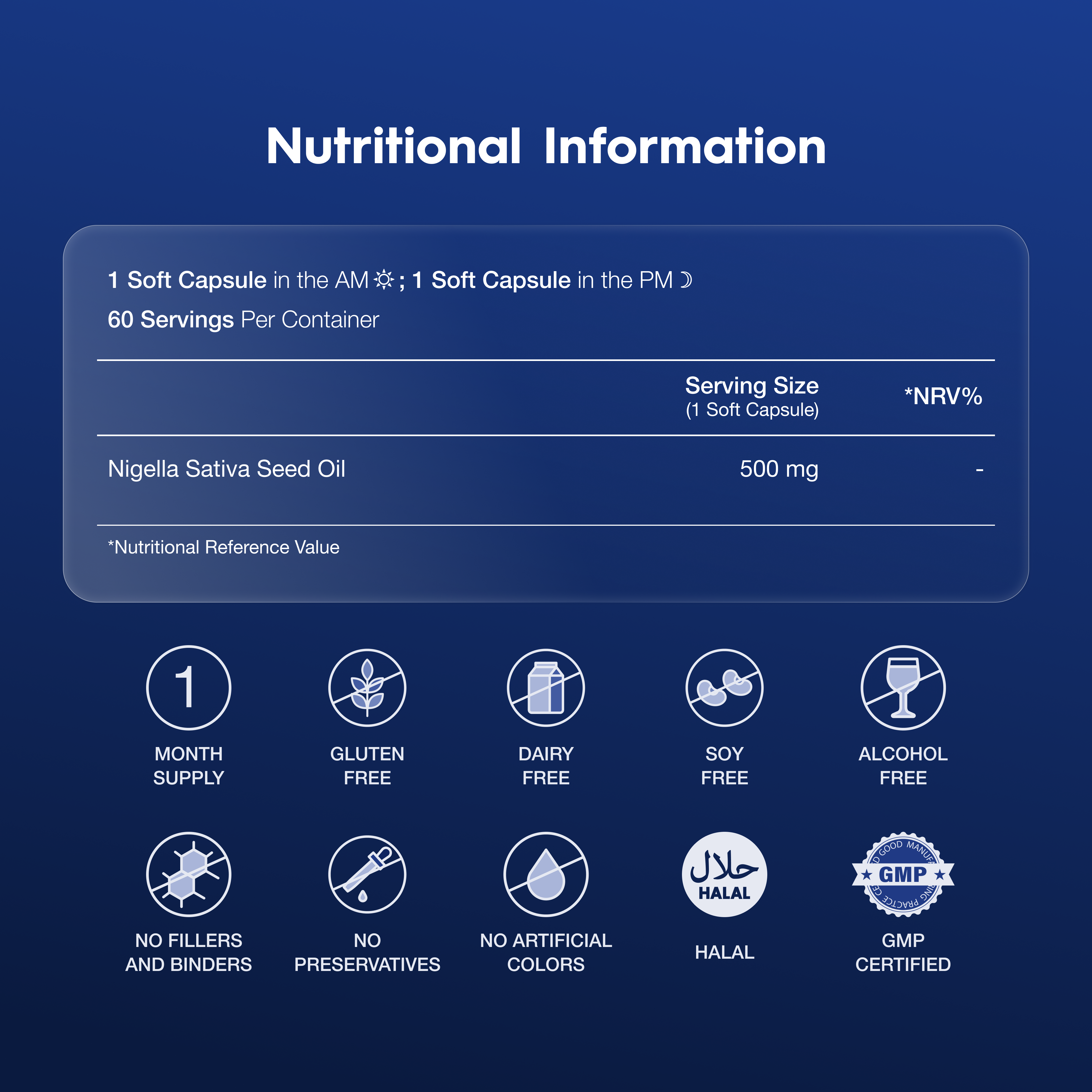 Nutritional information for nigella sativa black seed oil supplement 