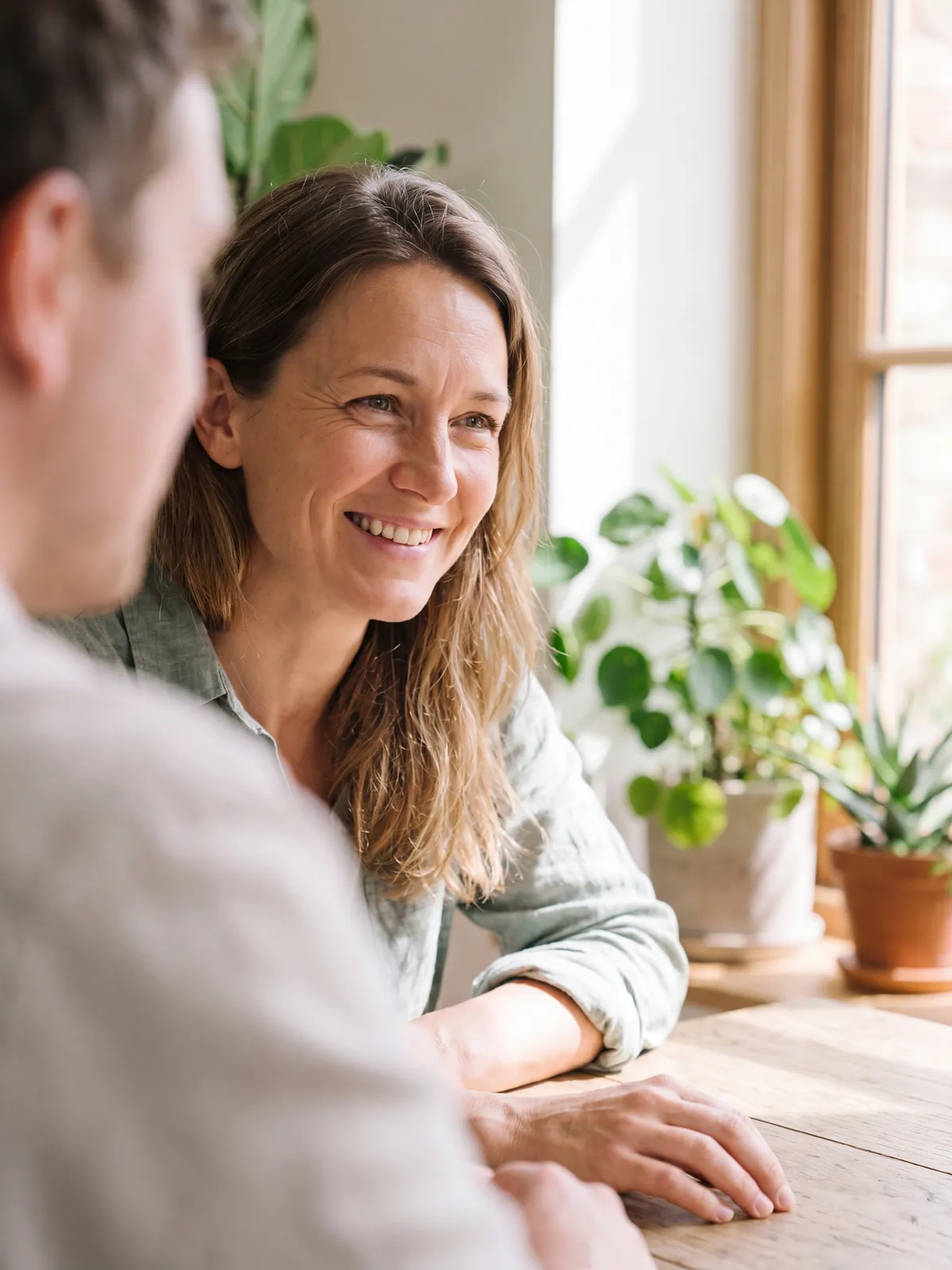 A woman smiling across a table in a sunlit cafe, plants on the sill behind her