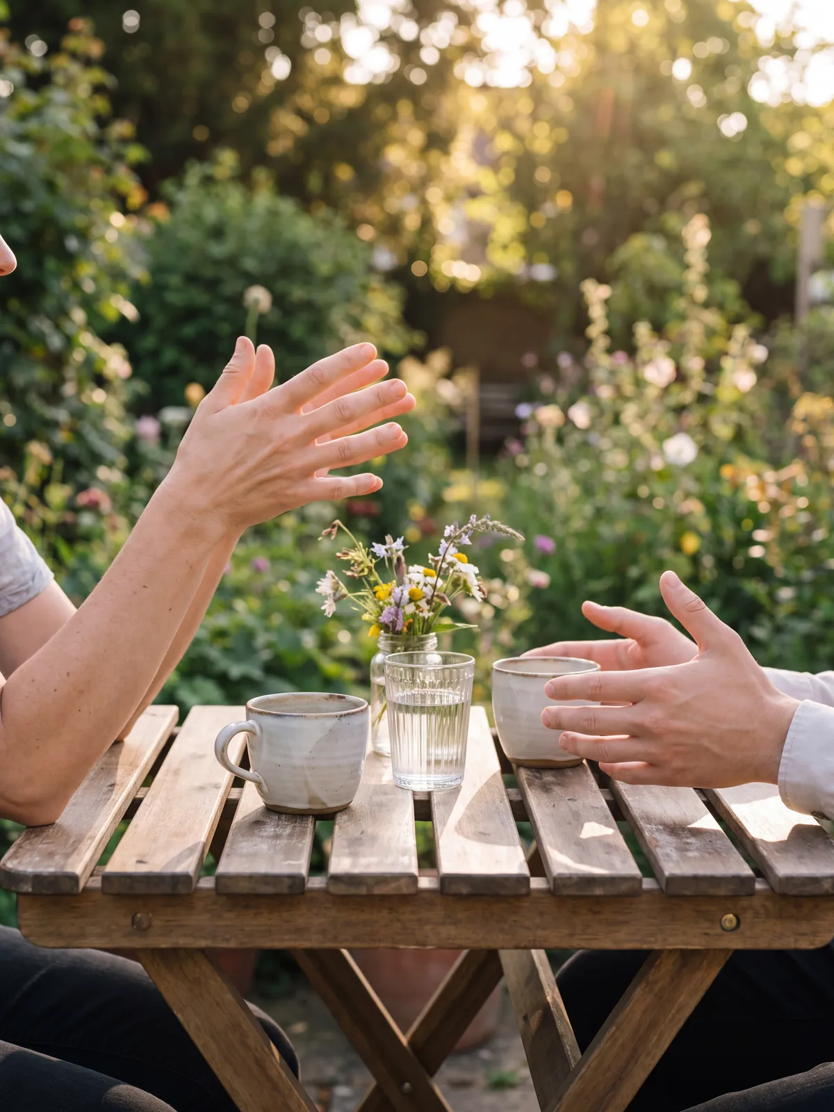 Two people gesturing as they talk over cups at a garden table in evening light