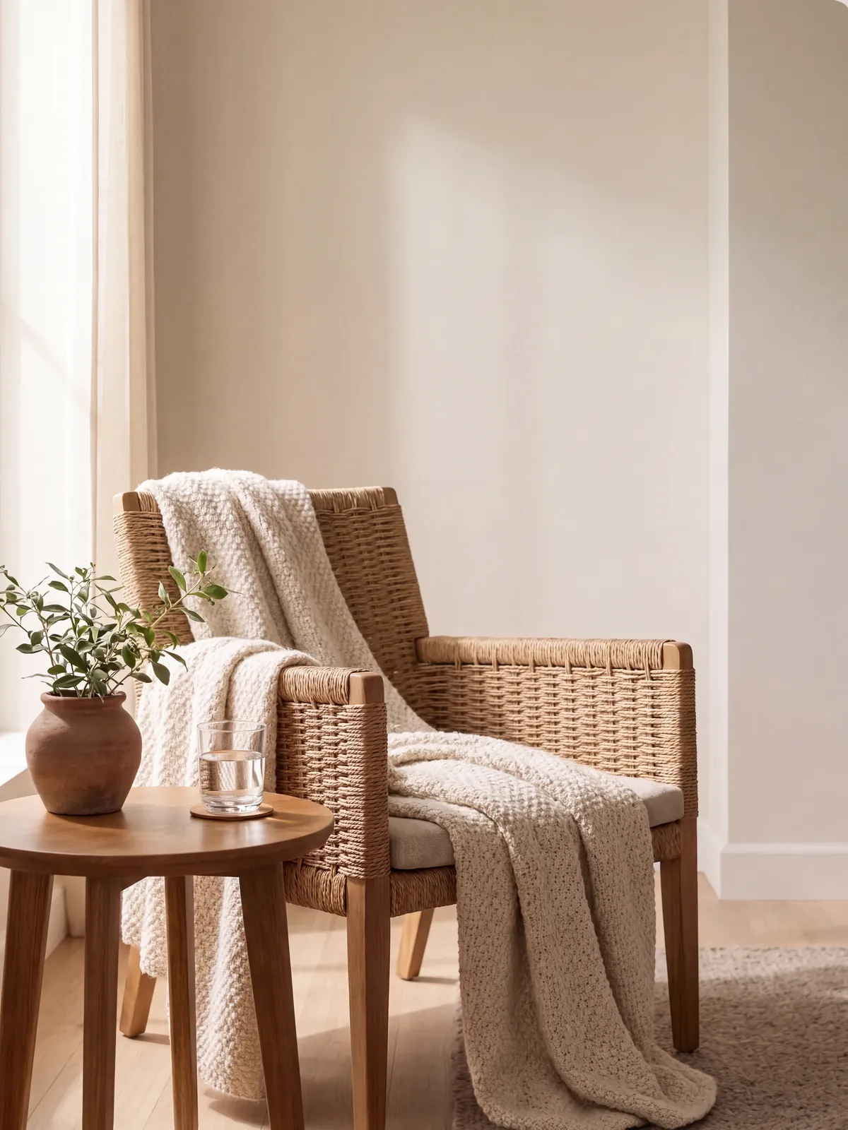 A woven armchair with a knitted throw beside a small wooden side table, in soft daylight