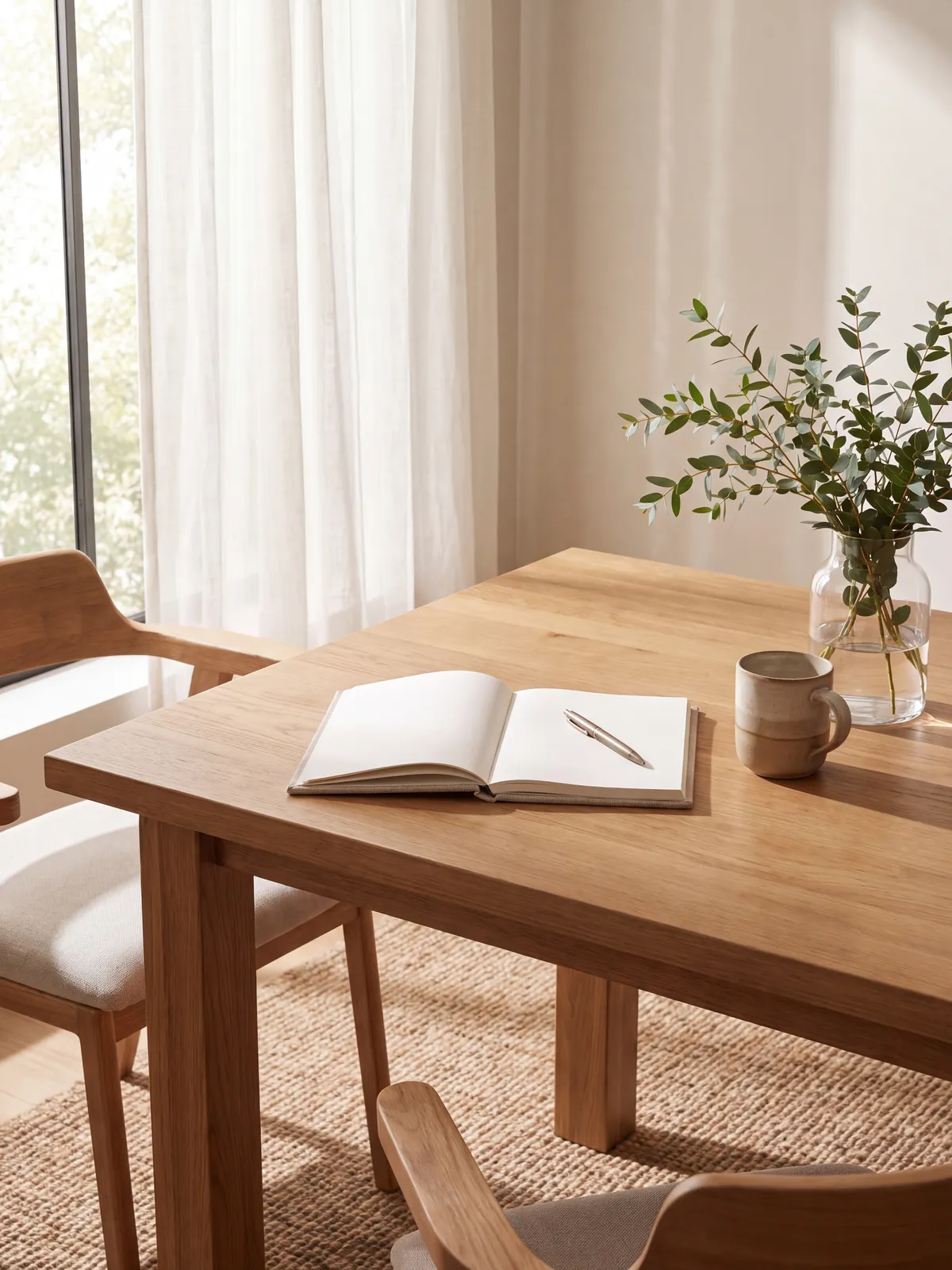 An open notebook and a ceramic mug on an oak table by a window with sheer curtains