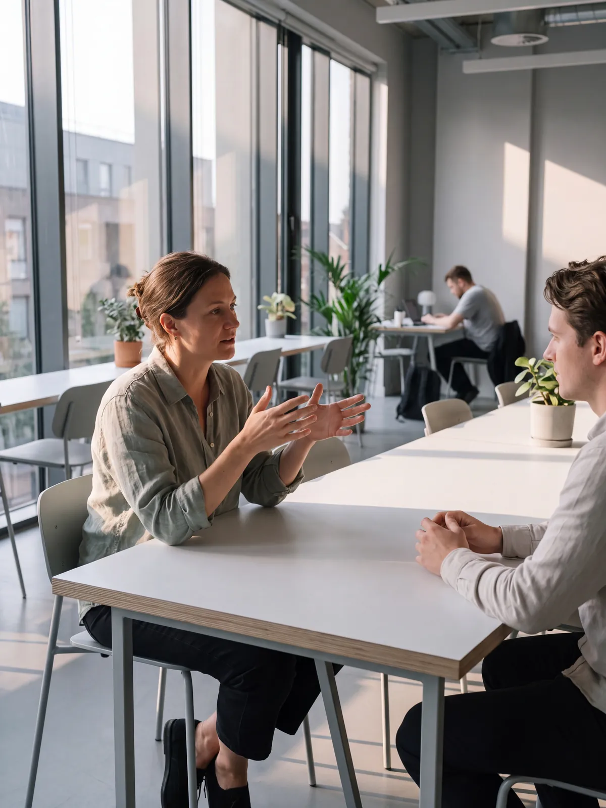 Two people in conversation at a long white table in a bright room with glass walls
