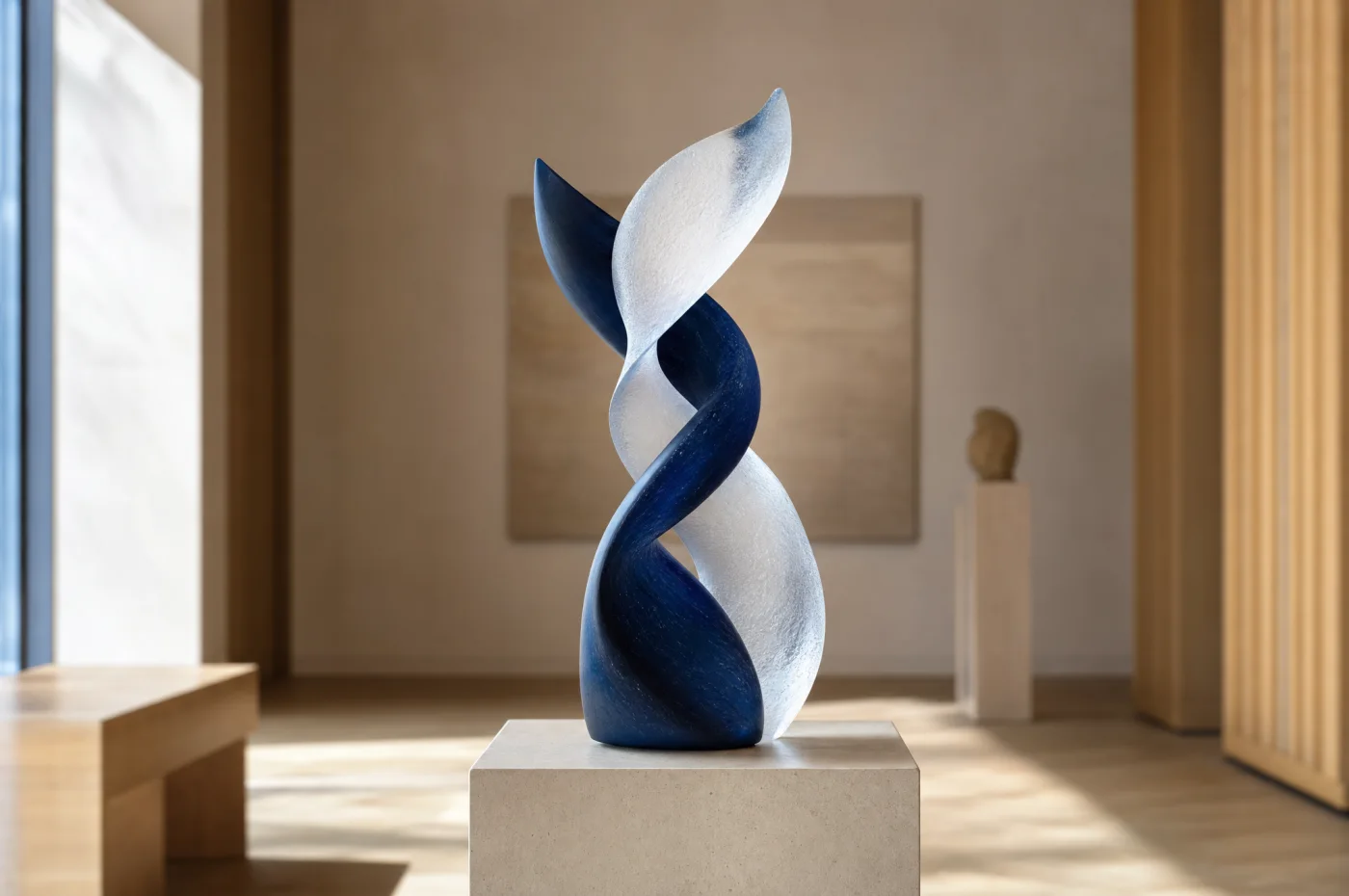 A twisting navy and white sculpture of a double helix in a sunlit room